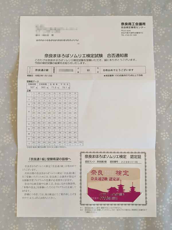 奈良検定合格証